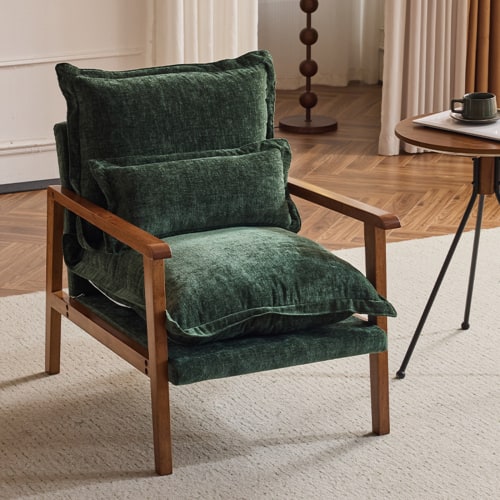 Winado - Mid-Century Modern Cloud Accent Armchair with Lumbar Pillow, 6.3'' Thick Seat Cushion Comfortable Reading Chair - Dark Green