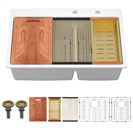 Front. Lordear - 33x22x10 Inch White Granite Composite Workstation kitchen Sink Low Divide 60/40 Double Bowl Quartz Drop In Kitchen Sink - White.