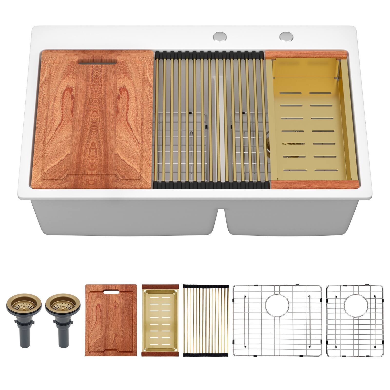 Front. Lordear - 33x22x10 Inch White Granite Composite Workstation kitchen Sink Low Divide 60/40 Double Bowl Quartz Drop In Kitchen Sink - White.