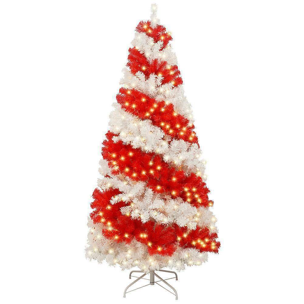 Alt View 4. Resenkos - 6ft Pre-Lit Artificial Christmas Tree, Candy Cane Themed with 900 Bendable Branches and 300 LEDs, Red and White - Red.
