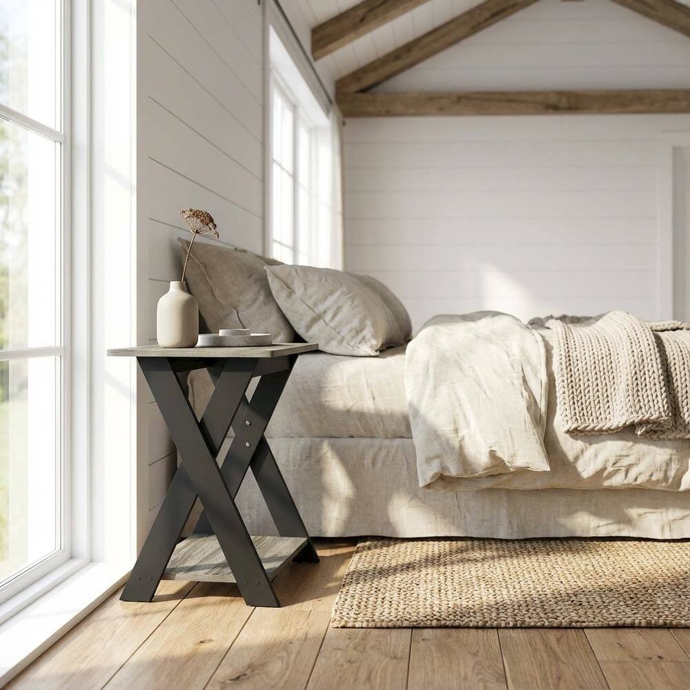 Angle. FurniFact - French Oak and Black Nightstand with Modern Cross Design - French Oak/Black.