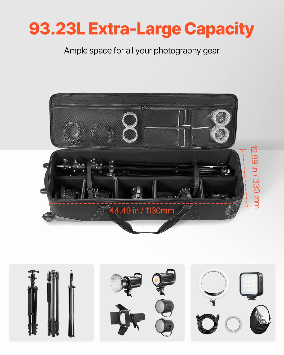 93.23L Extra-Large Capacity  
Ample space for all your photography gear  

44.49 in / 1130mm  
12.99 in / 330mm