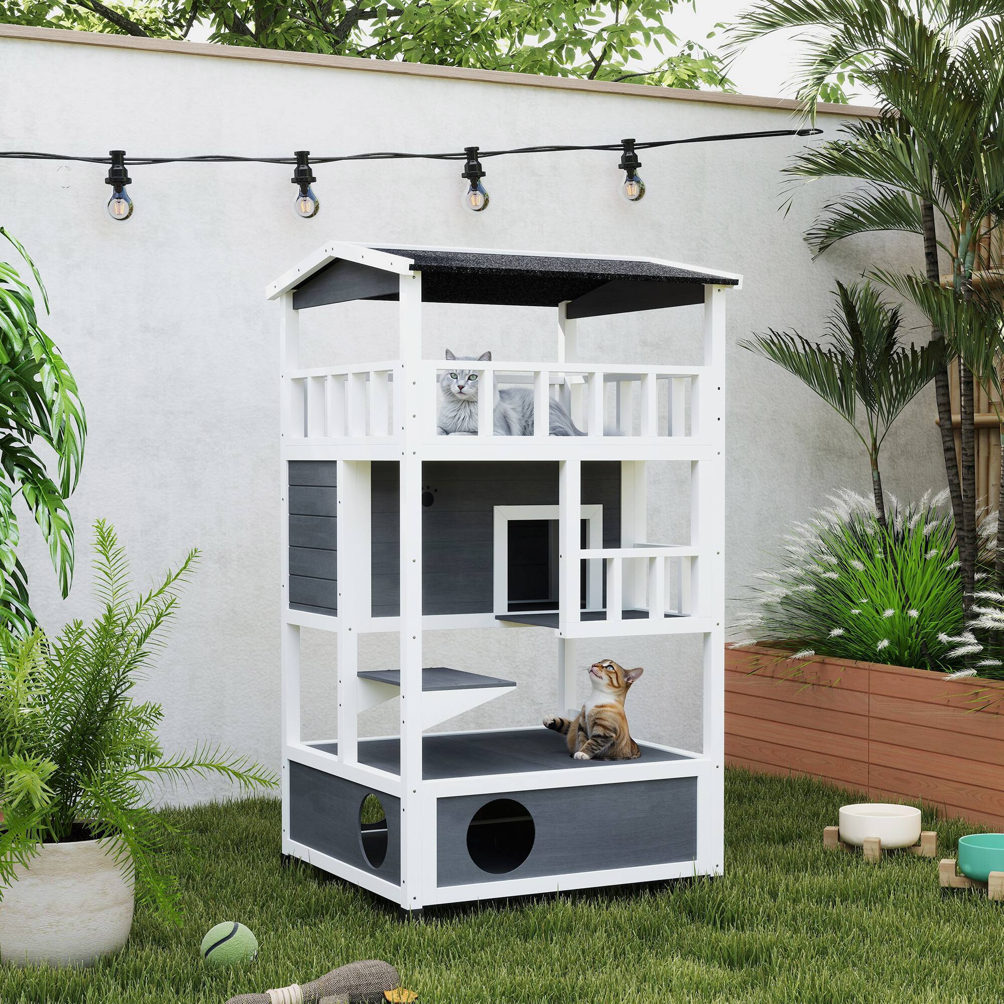 Alt View 4. Pawhut - Wooden Outdoor Cat House, Feral Cat Shelter Kitten Condo with Asphalt Roof, Escape Doors, Condo, Jumping Platform.