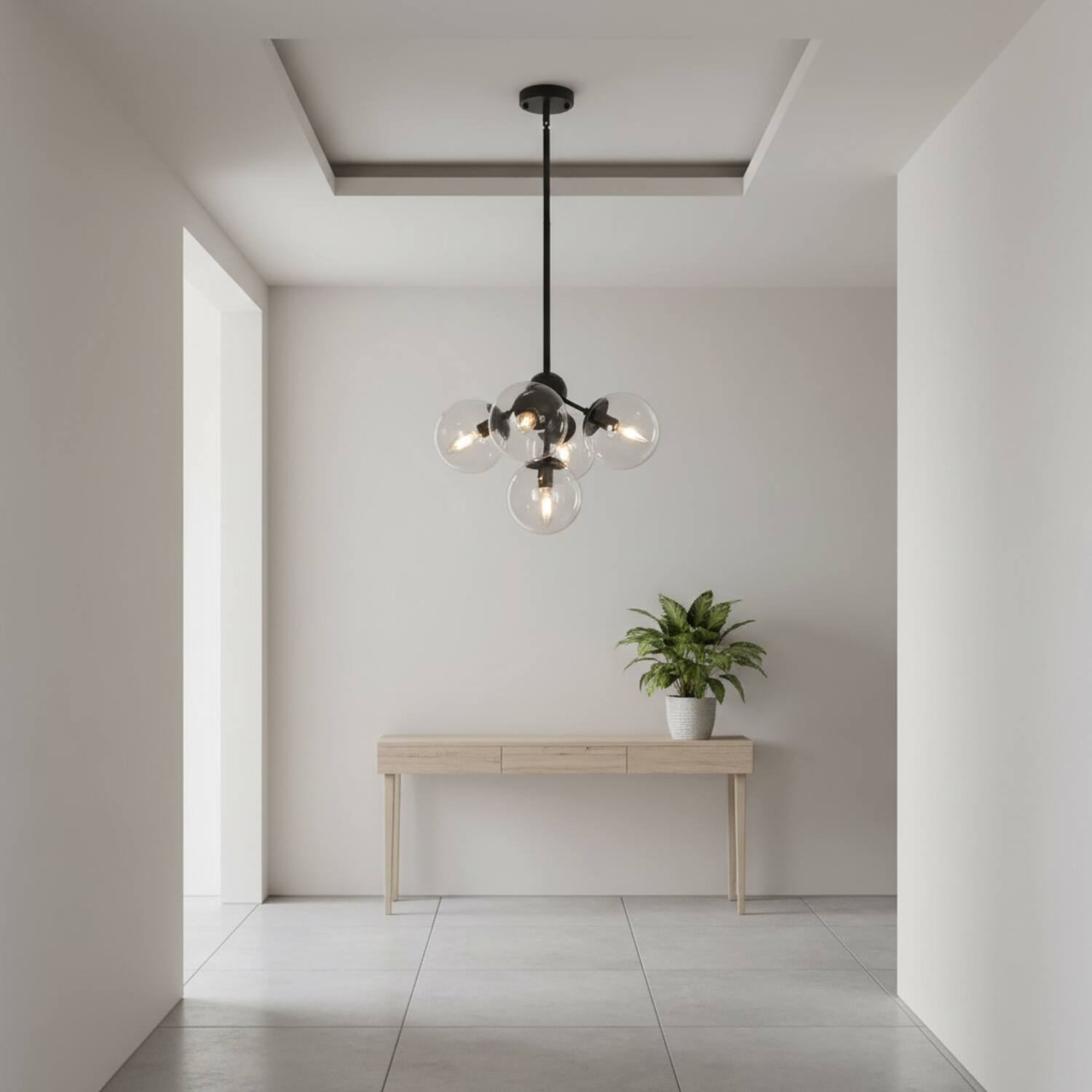 Left. Umeiluce - 5 Lights Modern Industrial Pendant Lights Clear Large Glass Shade - Matte Black.