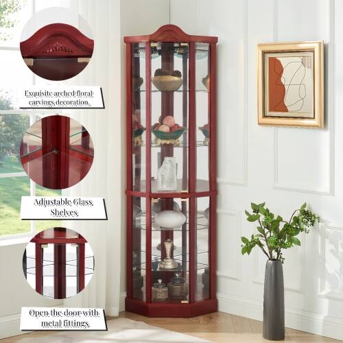 Exquisite arched floral carvings decoration, Adjustable glass shelves, Open the door with metal fittings