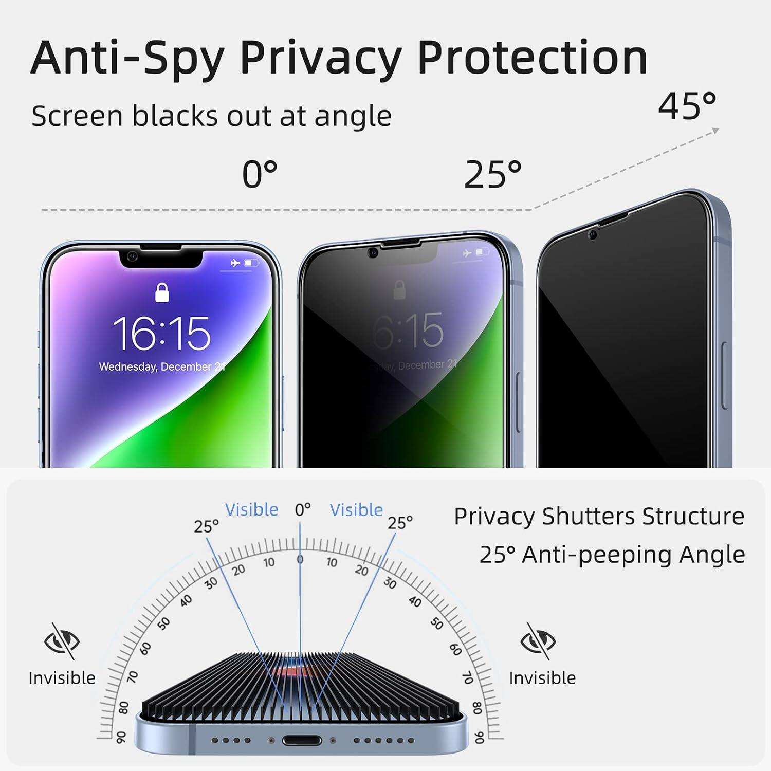 Anti-Spy Privacy Protection Screen blacks out at angle 45° 0° 25°

16:15 Wednesday, December 23
6:15 December 21

Invisible
Visible 0° Visible Shutters Structure 25° 25° Privacy 10° 0° 10° 25° Anti-peeping Angle 20° 20° 30° 30° 40° 40° 50° 50° 60° 60° 70° 70° Invisible 80° 80° 90° .... 6 90°