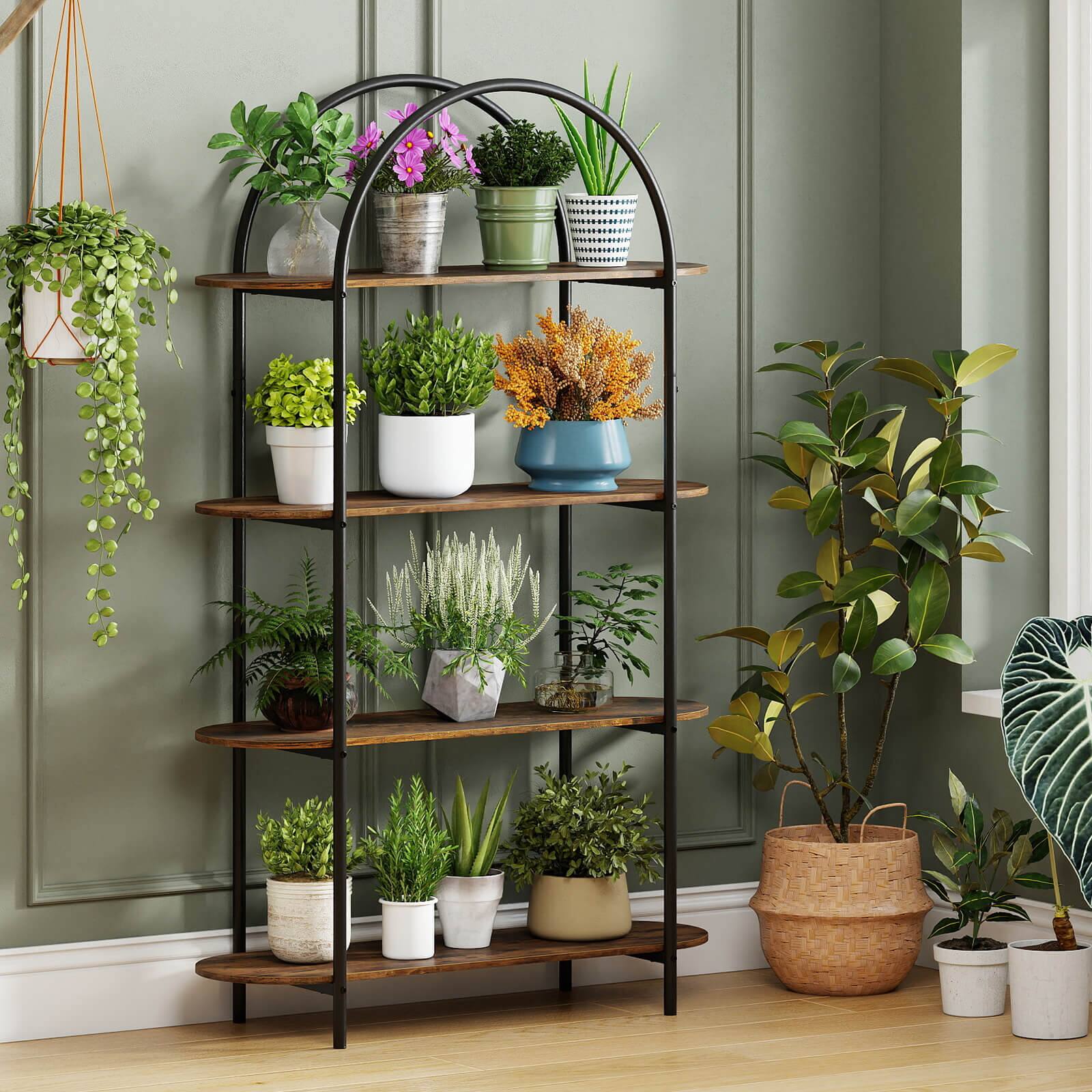 Alt View 3. Costway - Costway 2 PCS Arched Bookshelf, 4-Tier Open Bookcase with Sturdy Metal Frame for Living Room - Rustic Brown,Black.