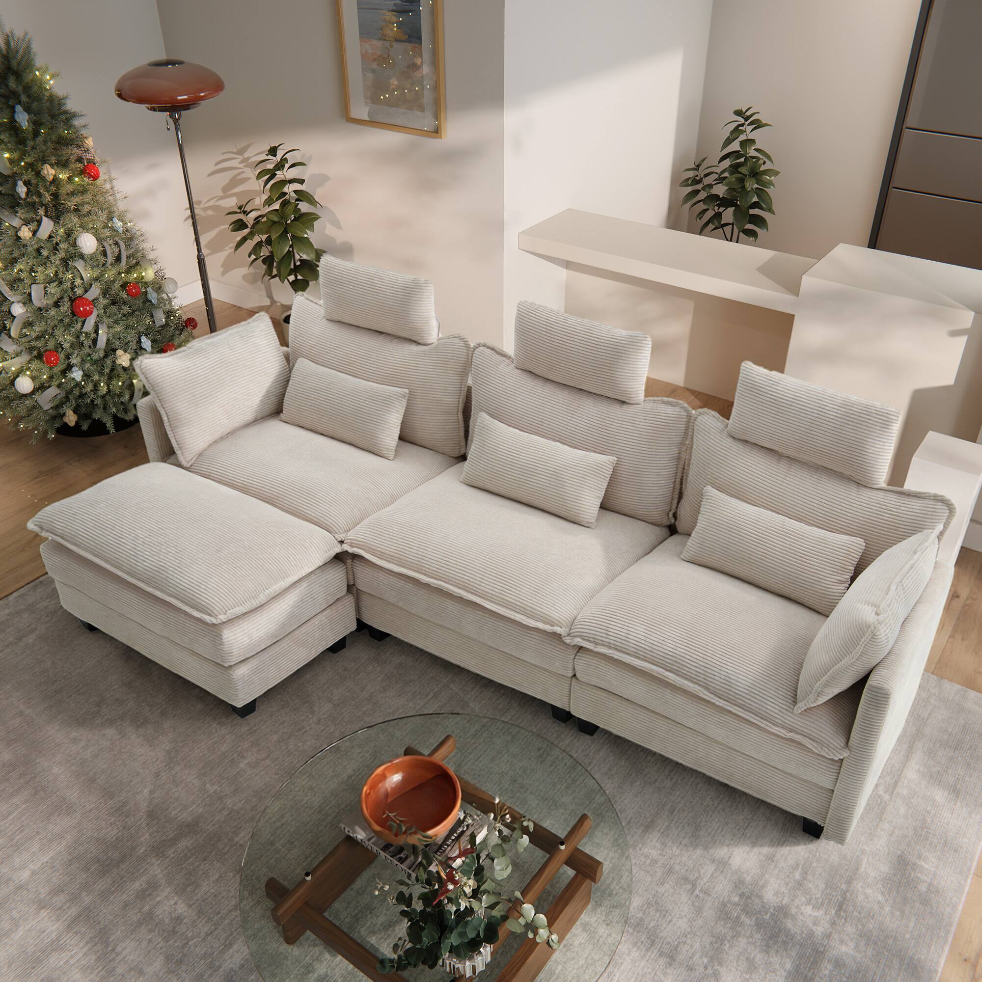 Back. Homsee - Corduroy L-Shaped Sectional Sofa, 4-Seater Living Room Couch with High Backrest, Pocket Springs & Plush Pillows - White.