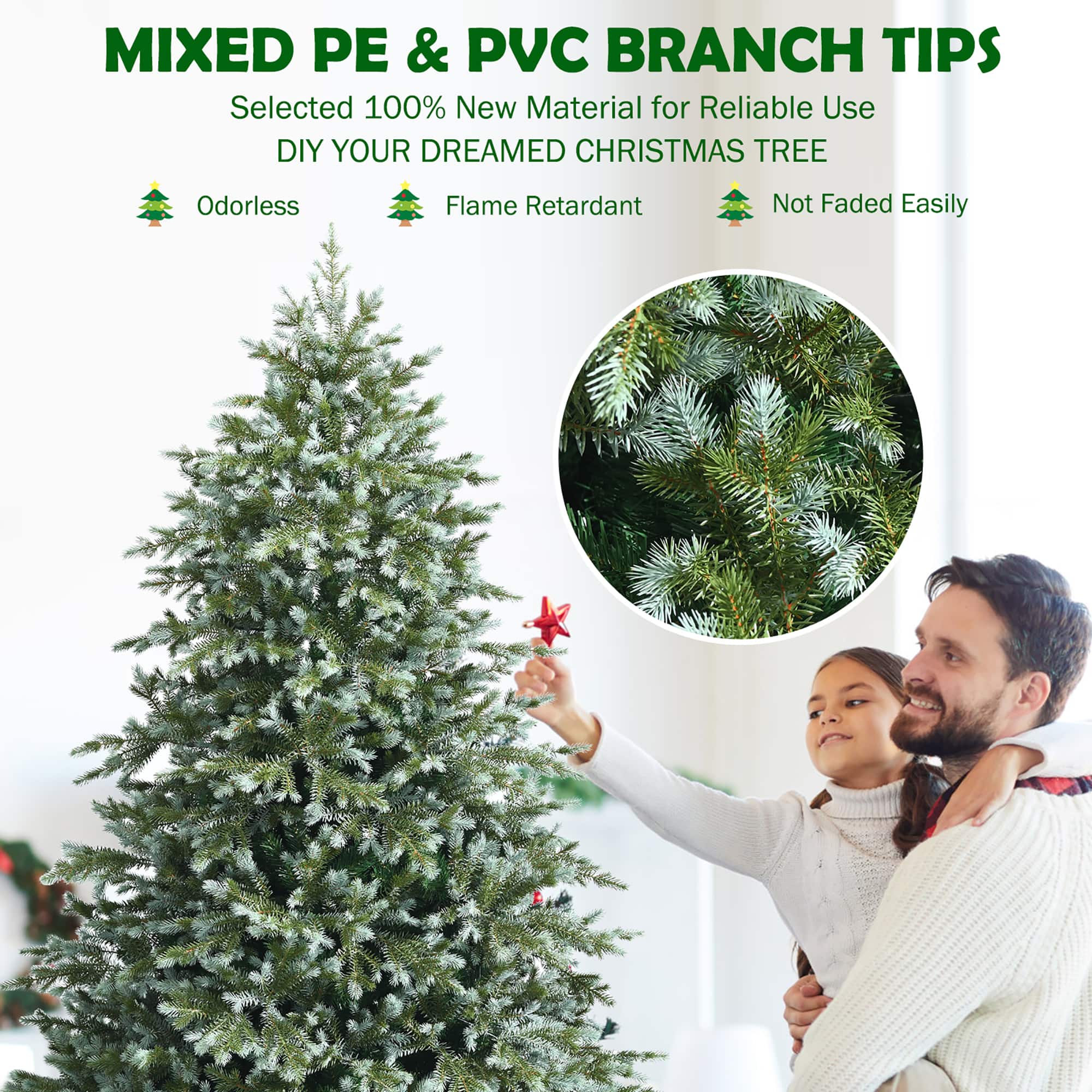 Mixed PE & PVC Branch Tips: Selected 100% New Material for Reliable Use. DIY Your Dreamed Christmas Tree. Odorless Flame Retardant. Not Faded Easily.