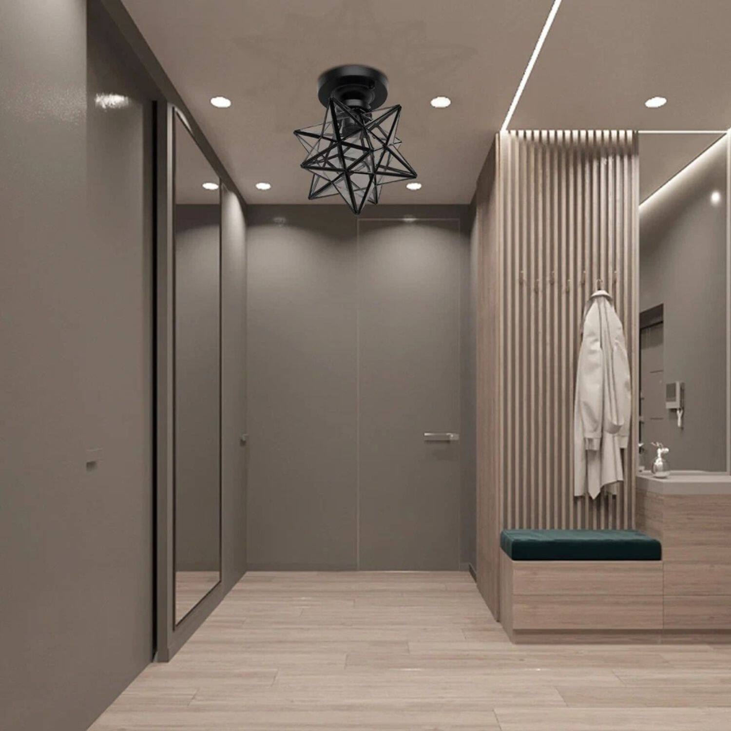 Left. Stock Preferred - Moravian Star Flush Mount Ceiling Light - Black with Clear Glass Panels.