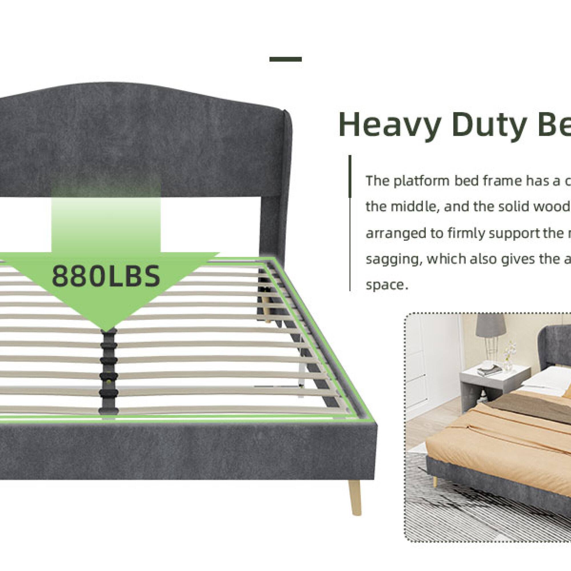 Heavy Duty Bed 880LBS

The platform bed frame has a central support, and the solid wood is arranged to firmly support the frame, preventing sagging, which also gives the bed a space.