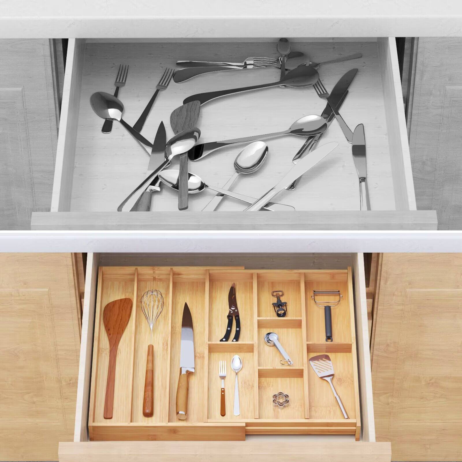 Left. Tooloton - Expandable Bamboo Drawer Organizer for Silverware, Cutlery, Spoons and Knives with Labels, Kitchen Utensil Storage Tray - Natural.