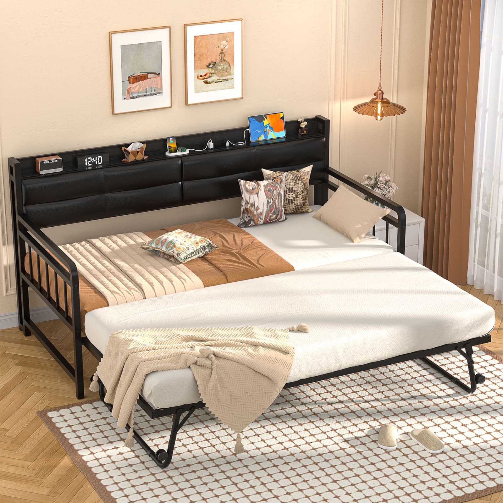 Aheaplus - Twin Daybed with Trundle, Day Bed with Upholstered Headboard and Power Outlets - Black