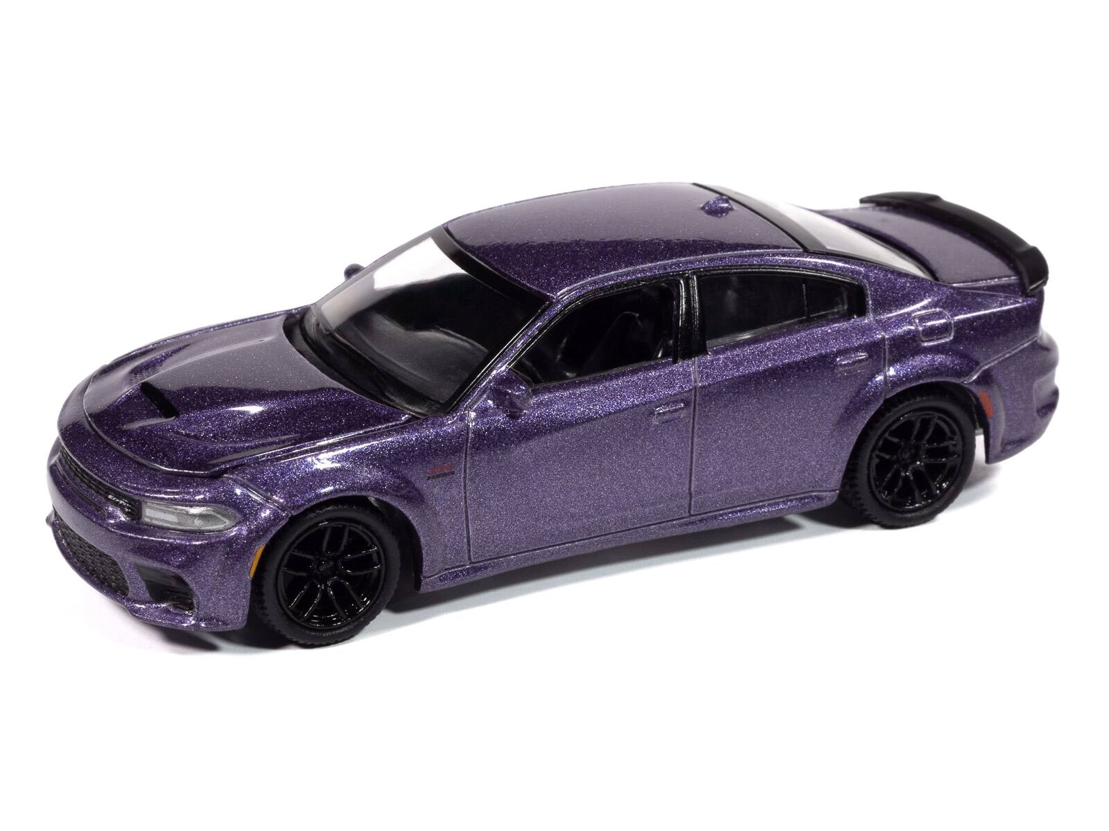 Left. Autoworld - 2023 Dodge Charger R/T Scat Pack Plum Crazy Metallic "Modern Muscle" Series 1/64 Diecast Model Car by Auto World - Purple.