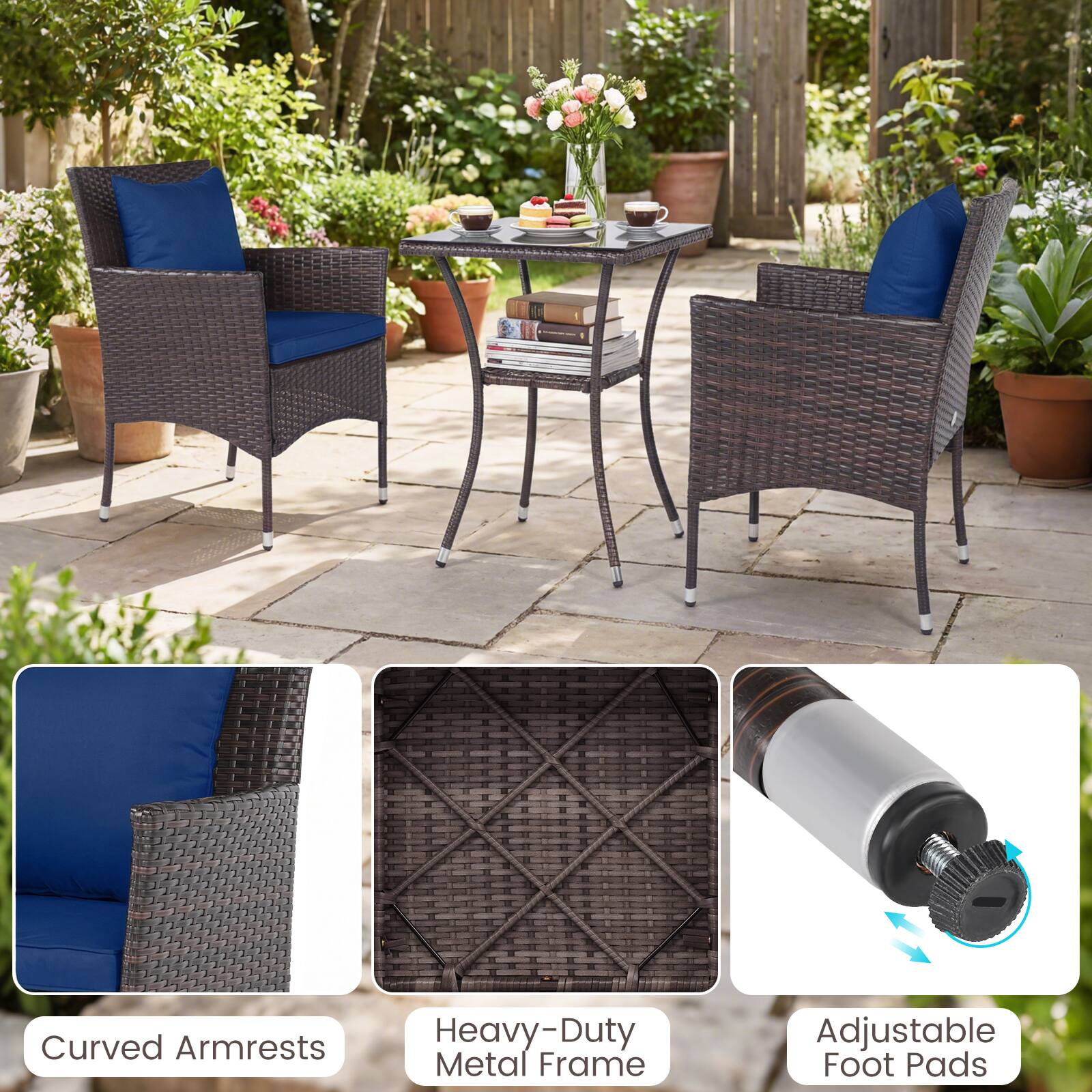 Curved Armrests  
Heavy-Duty Metal Frame  
Adjustable Foot Pads