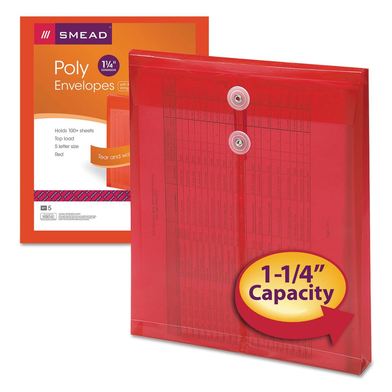 SMEAD  
Poly Envelopes  
1/4" Expansion  
with 1 string  
Holds 100+ sheets  
Top load  
5 letter size  
Red  
Tear and wear  

1-1/4" Capacity