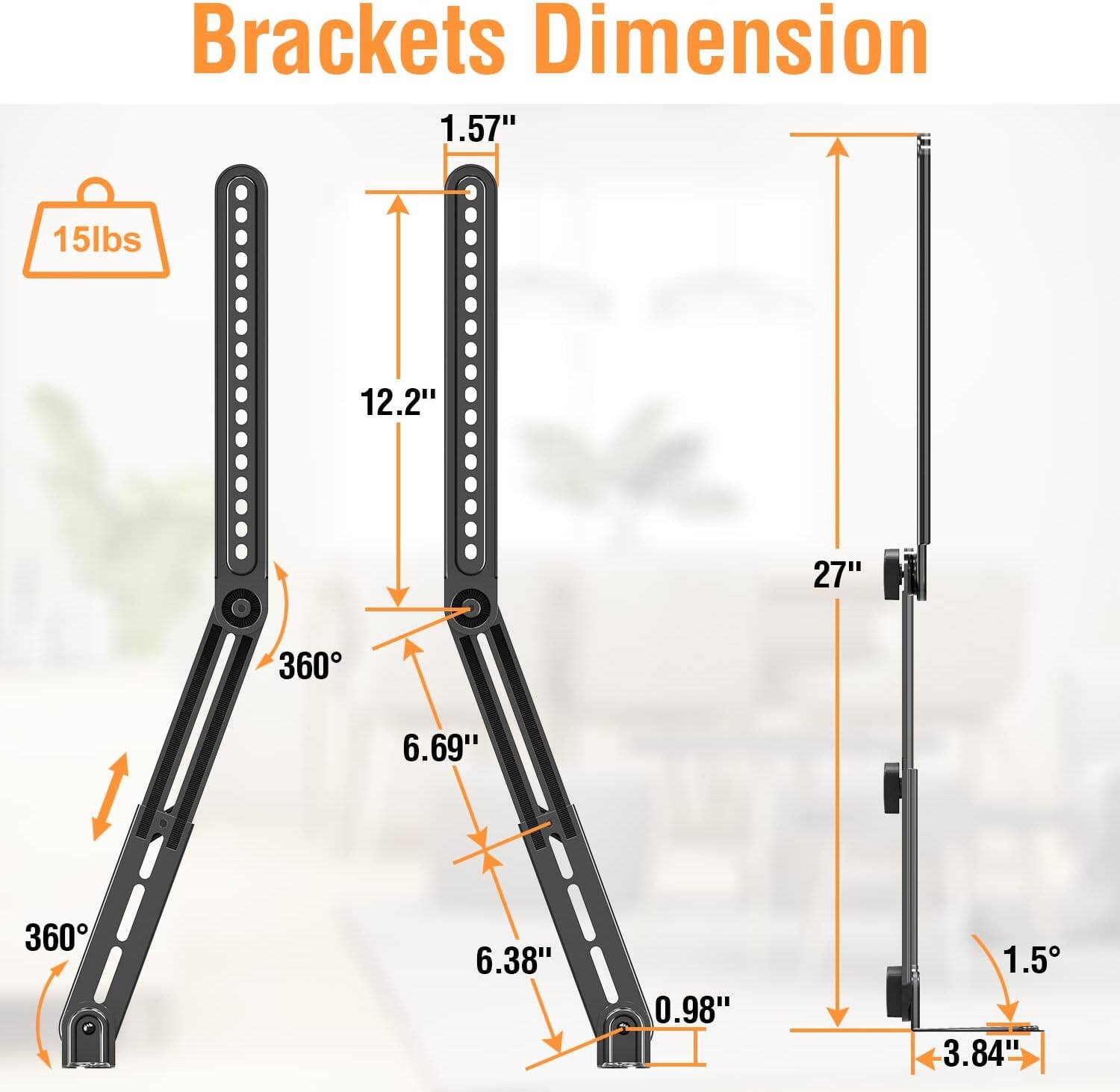 Brackets Dimension

- 15 lbs
- 1.57"
- 12.2"
- 27"
- 360°
- 6.69"
- 6.38"
- 0.98"
- 1.5°
- 3.84"