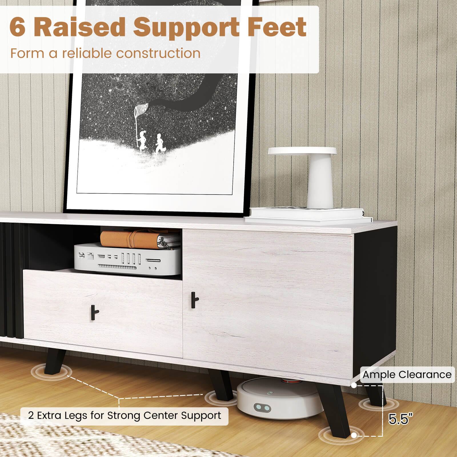 The text on the image reads: "6 Raised Support Feet Form a reliable construction = = 0000 1 9 Ample Clearance 2 Extra Legs for Strong Center Support 5.5".