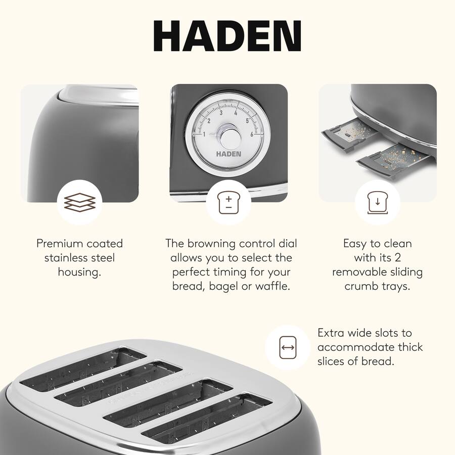 First Toaser Haden Chelsea Stainless Steel 4 Slice Toaster, Extra Wide Slots Grey ...