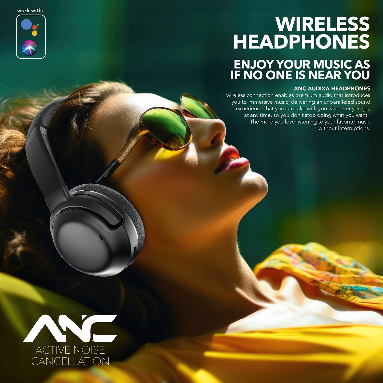 work with: WIRELESS HEADPHONES ENJOY YOUR MUSIC AS IF NO ONE IS NEAR YOU ANC AUDIXA HEADPHONES wireless connection enables premium audio that introduces you to immersive music, delivering an unparalleled sound experience that you can take with you wherever you go, at any time, so you don't stop doing what you want. The more you love listening to your favorite music without interruptions. NNC ACTIVE NOISE CANCELLATION