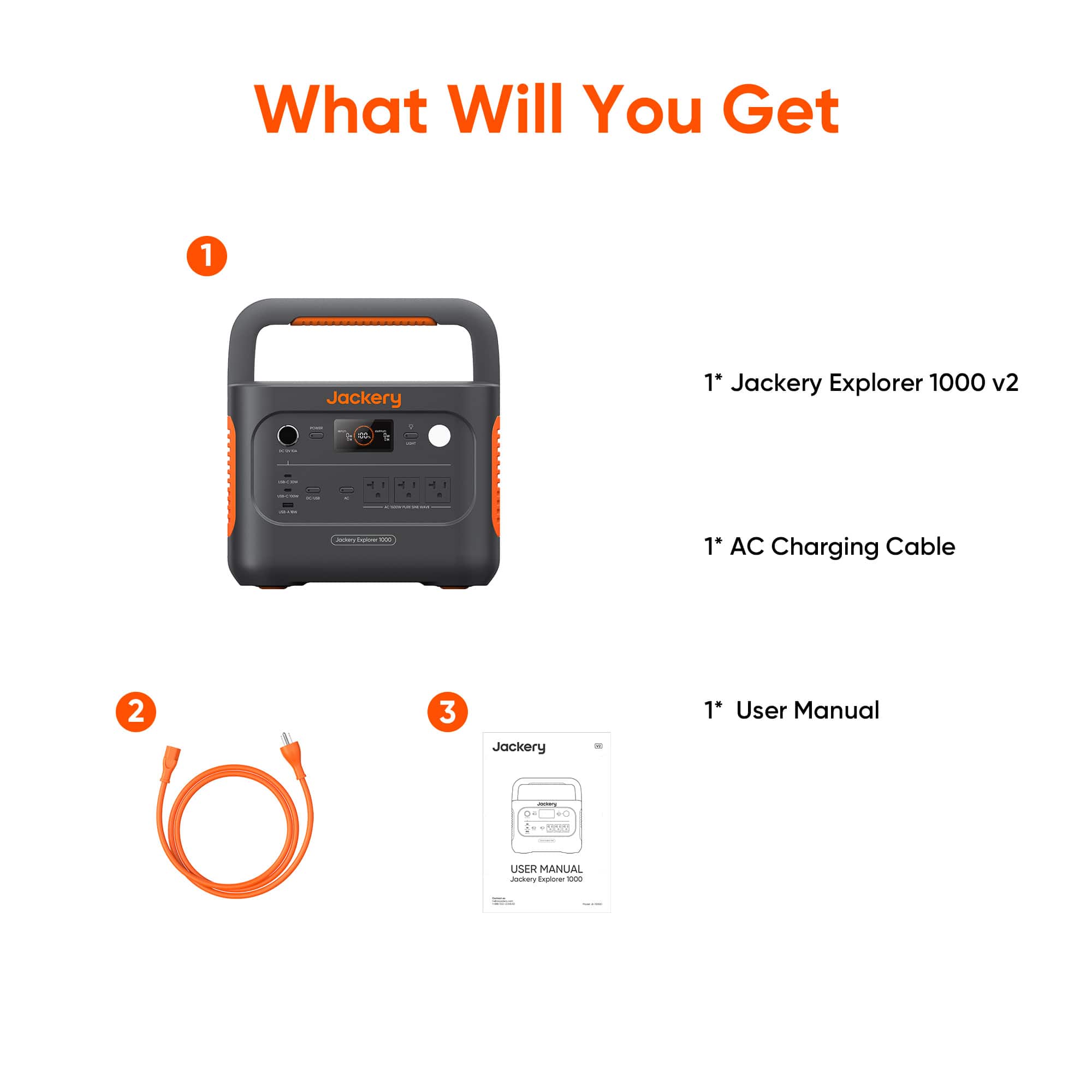 What Will You Get:
1. Jackery Explorer 1000 v2
1. AC Charging Cable
1. User Manual