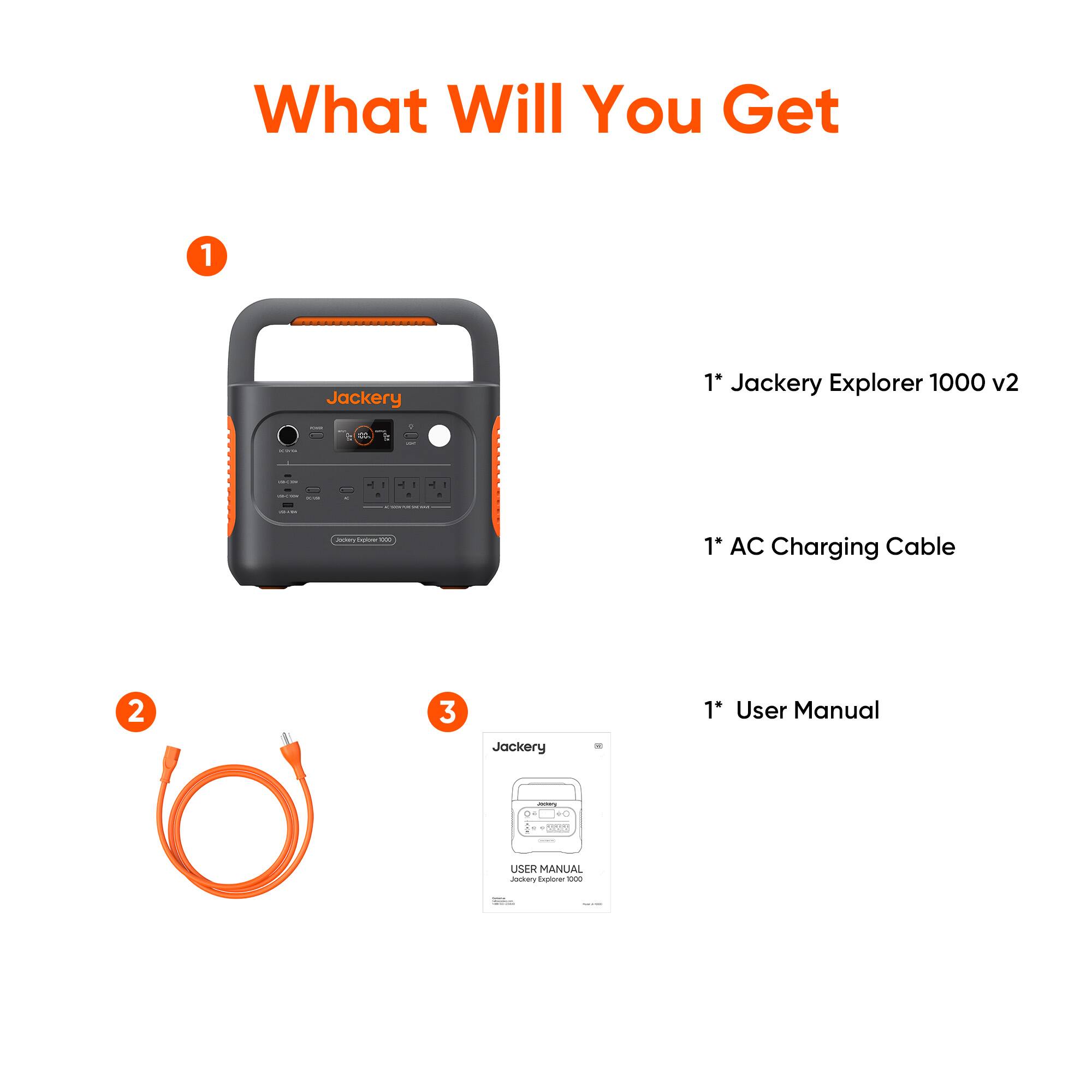 What Will You Get:
1. Jackery Explorer 1000 v2
1. AC Charging Cable
1. User Manual