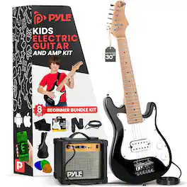 Pyle - Kids Electric Guitar Starter Kit, 30” Mini Guitar with 10W Amp & Accessories - PEGKT30 - Black