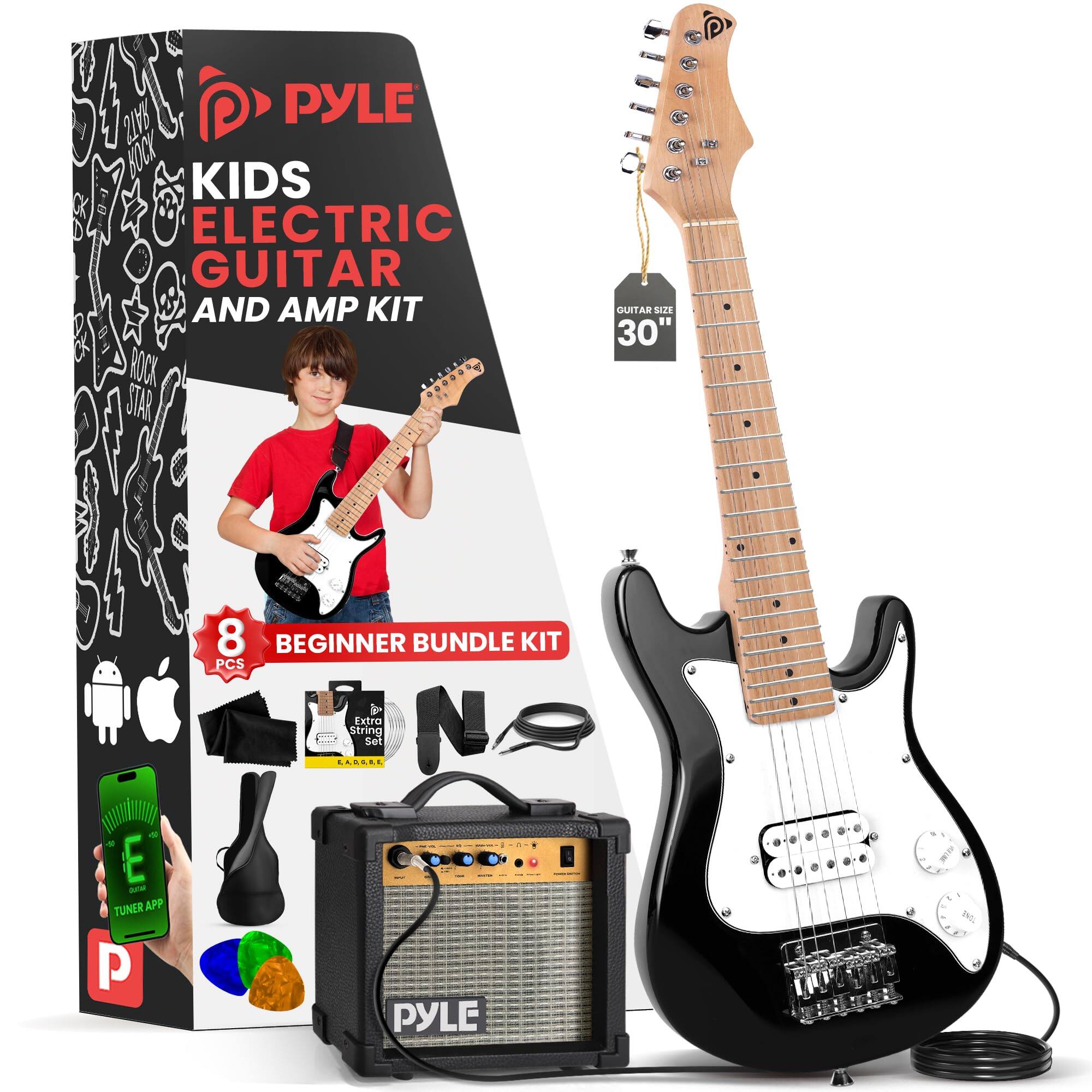 PYLE Kids Electric Guitar and Amp Kit - Rock Star 512E, 30" E, Tuner App, 8 Beginner Bundle Kit, Extra String Set
