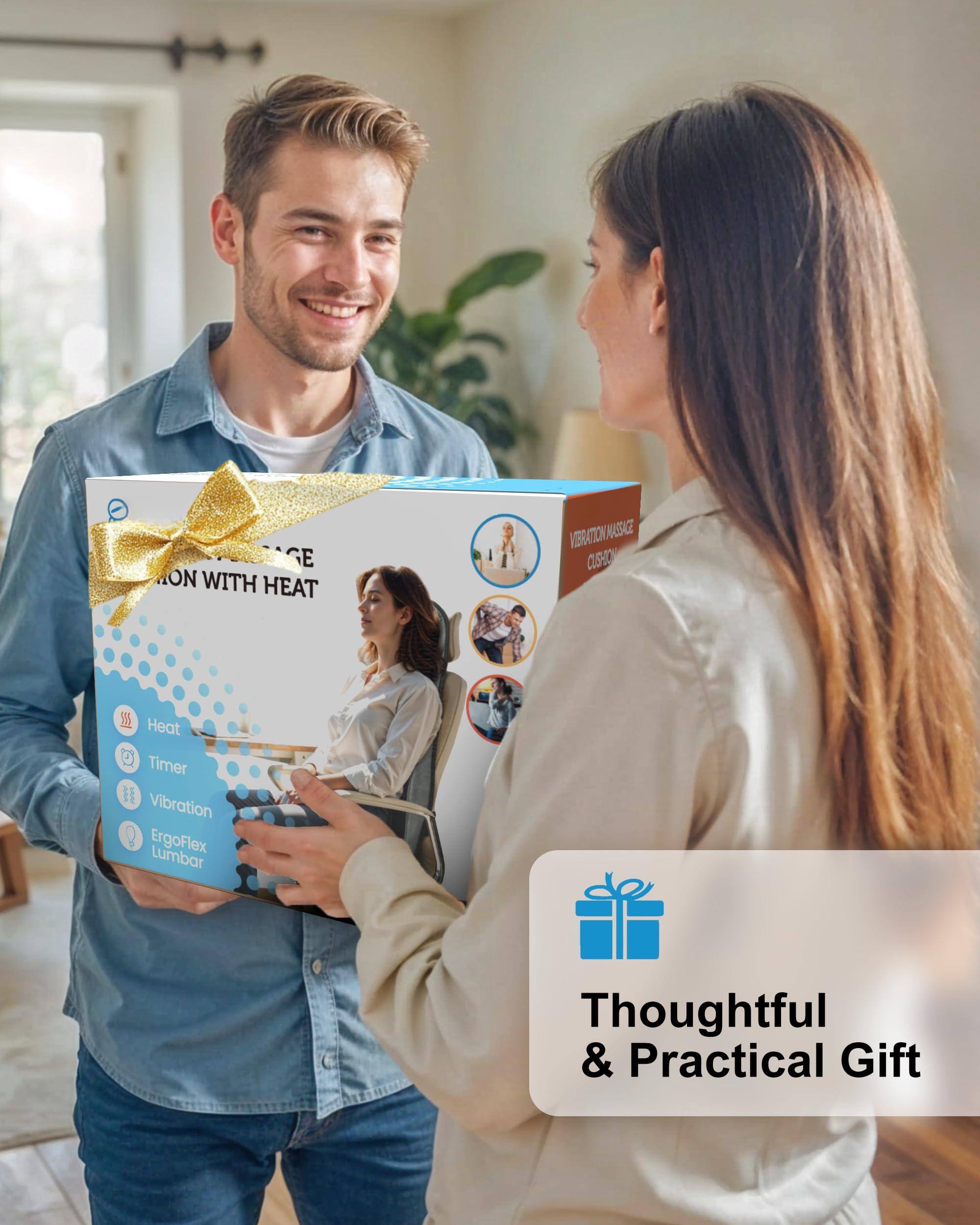 Sure, here is the corrected and grouped text:

- **GE ON WITH HEAT**
- **Heat**
- **Timer**
- **Vibration**
- **ErgoFlex Lumbar**
- **Vibration Massage Cushion**
- **Thoughtful & Practical Gift**