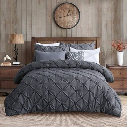 Front. Hivvago - Full/Queen Size All Season Pleated Hypoallergenic Microfiber Reversible 3 Piece Comforter Set in Gray - Gray.