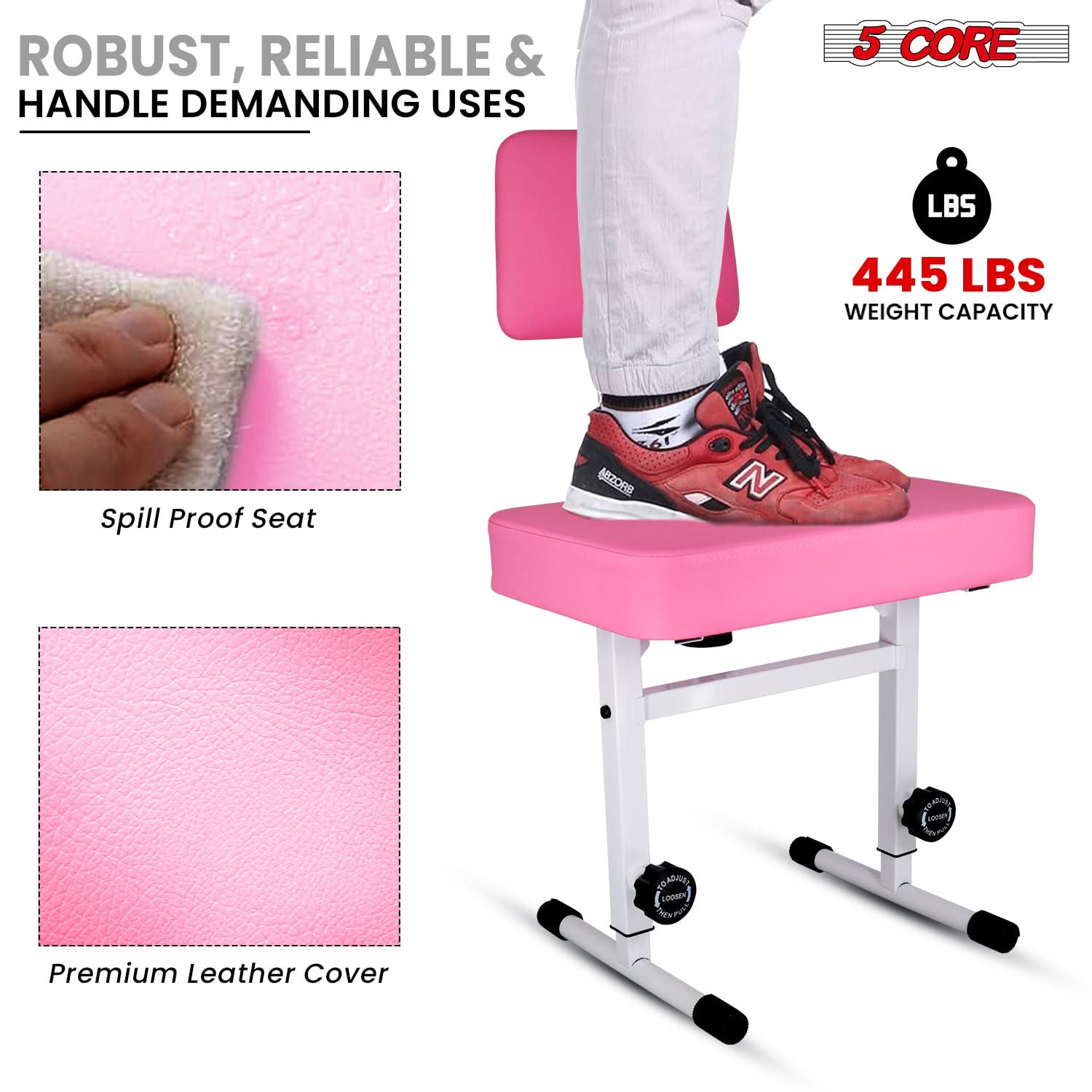 ROBUST, RELIABLE & HANDLE DEMANDING USES 5 CORE LBS 445 LBS WEIGHT CAPACITY Spill Proof Seat Premium Leather Cover