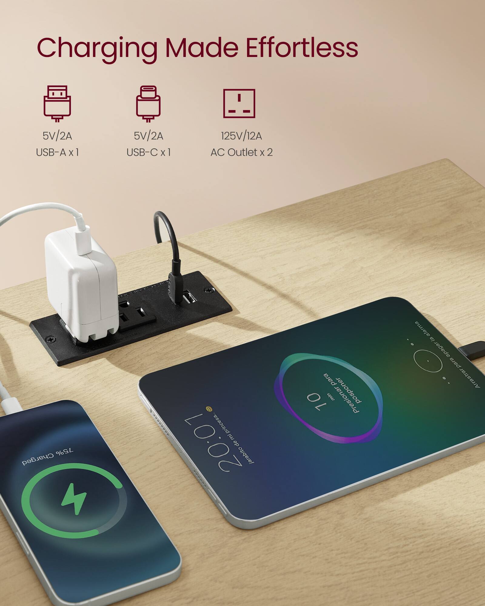 Charging Made Effortless

5V/2A USB-A x1  
5V/2A USB-C x1  
125V/12A AC Outlet x 2  

75% Charged  

0 princesa. E 20:01 de jarabito para 10 min posponer alarma la apagar para Arrastrar