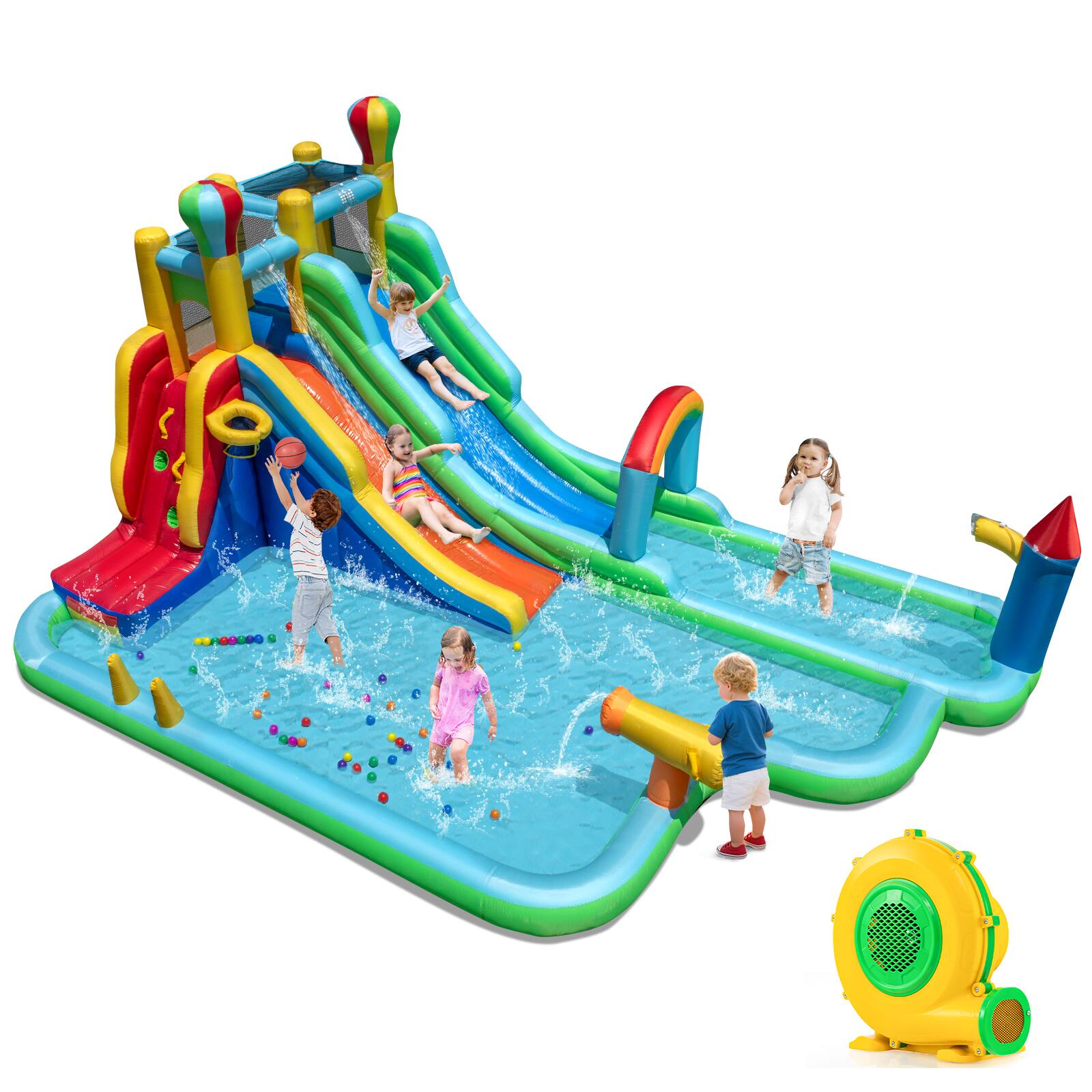 Front. Gymax - Gymax Inflatable Water Park w/Climbing Wall Basketball Rim Splash Pool 950W Blower - MultiColor.