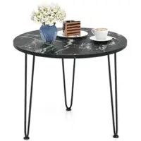 Costway Small Round Coffee Table w/ Thickened Tabletop & Metal Tripod Legs Faux Marble - Black - Front_Zoom