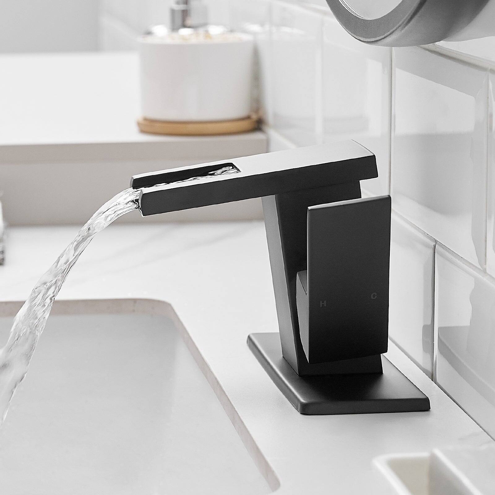Left. Boyel Living - Single Handle Single Hole Bathroom Faucet Matte Black with Deck Plate LED Temperature Sensor Waterfall Spout - Matte Black.