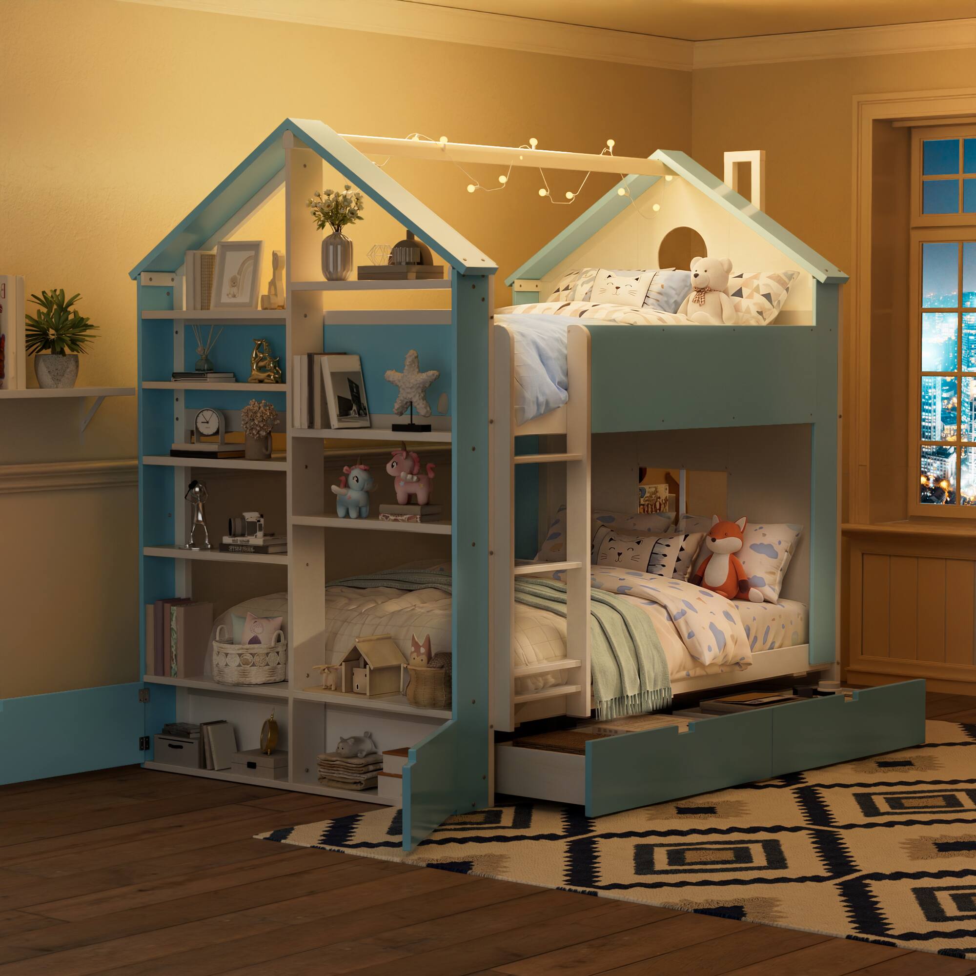 Angle. Anysun - Full Size Bunk Bed with Storage Drawers & Shelves, Two-Tone Wood, Light Strip, Space-Saving Bedroom Furniture - Blue.