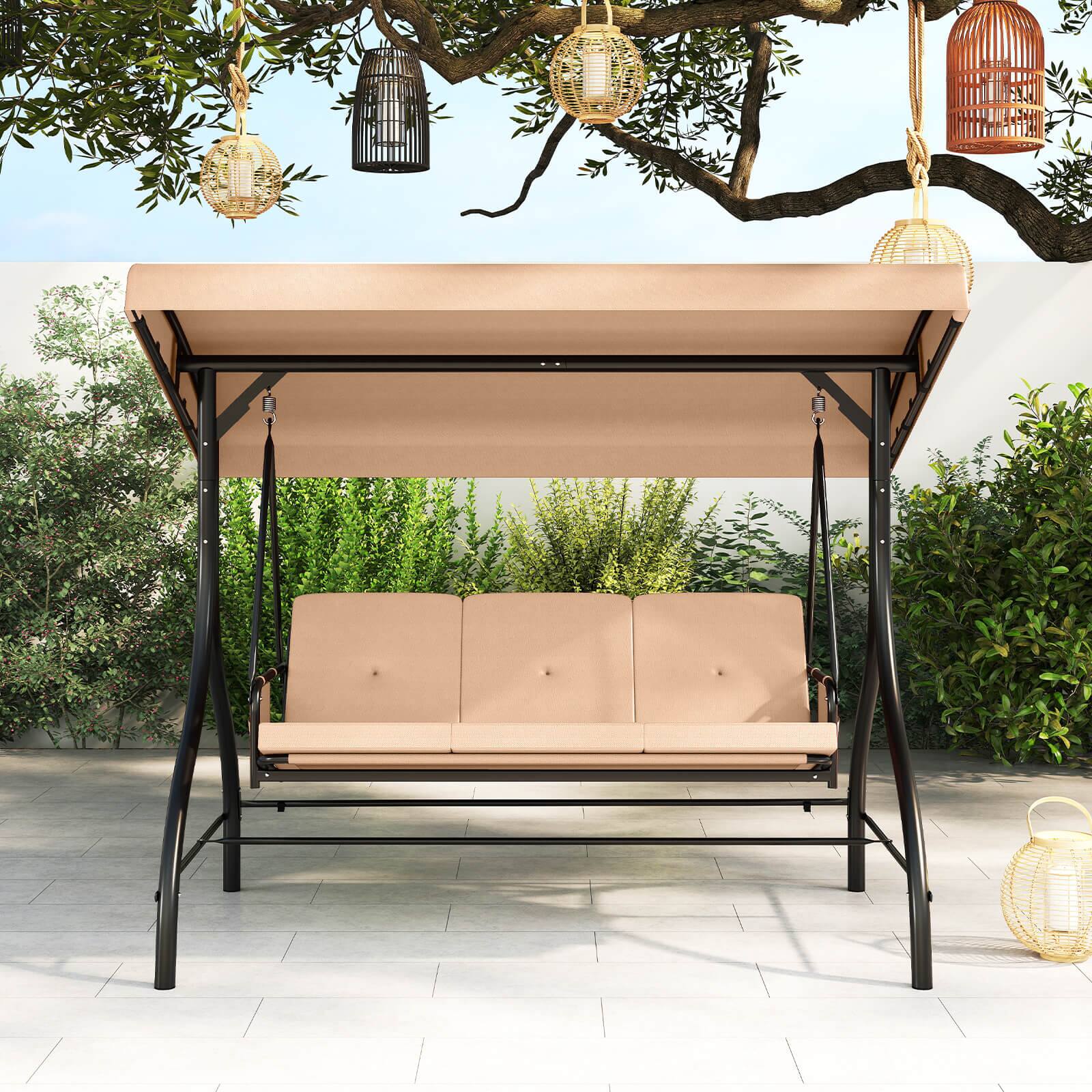 Alt View 3. Costway - Costway 3-Seat Patio Swing with Canopy with Removable Cushions & Side Pockets Stand - Beige.