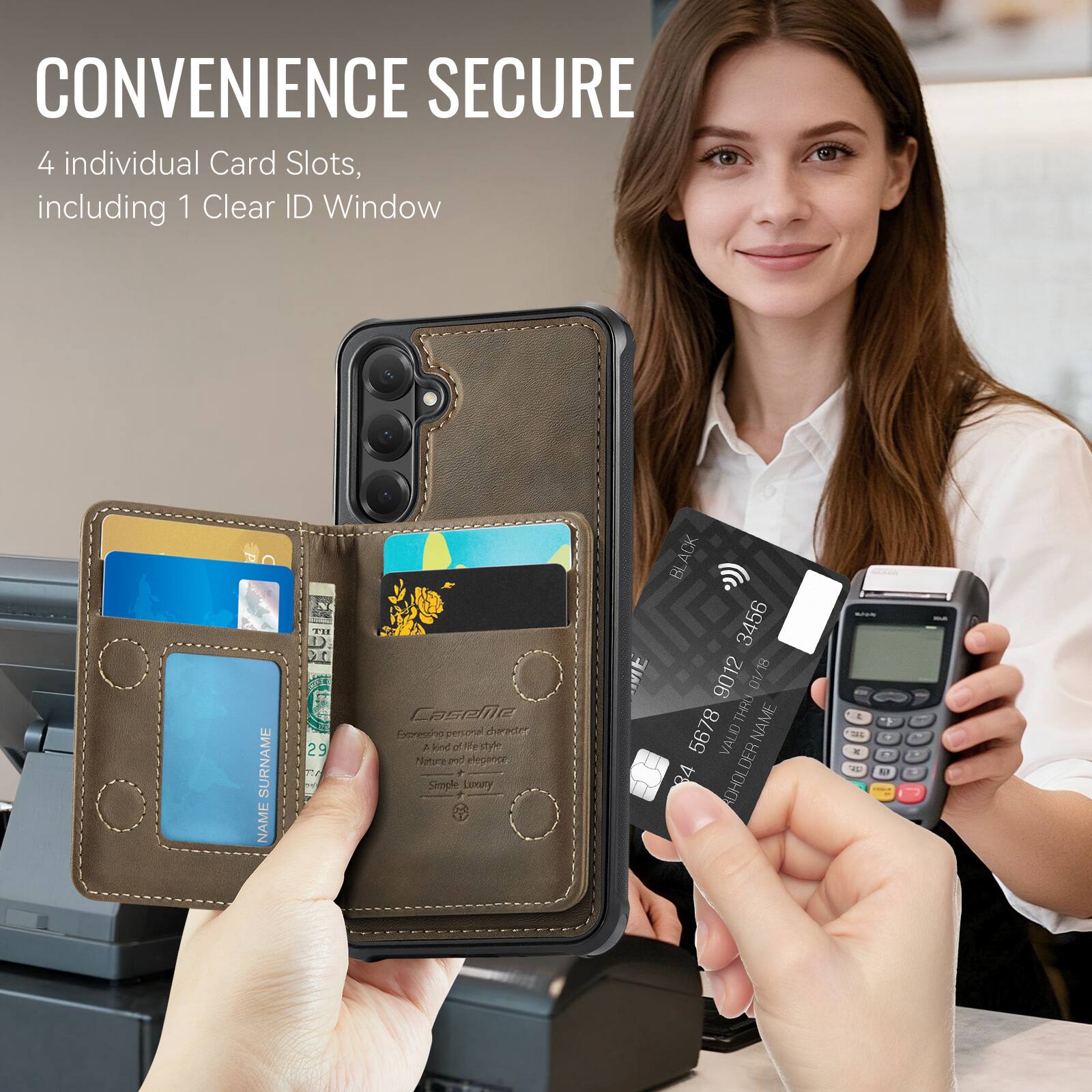 CONVENIENCE SECURE  
4 individual Card Slots, including 1 Clear ID Window  

SURNAME NAME  
T.4 CAsel Eypressino posed daretor A lne d dfesty Me a m epane Simple Upory T  

ACK BL 3456 9012 01/18 DV THRU  
NAME 5678 D VALID 84 ADHOLDER