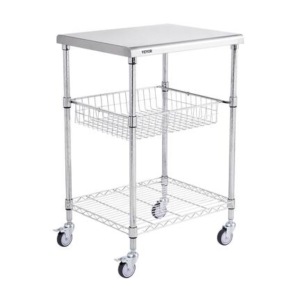 Front. VEVOR - Kitchen Utility Cart, 3 Tiers, Wire Rolling Cart with 470LBS Capacity, Steel Service Cart on Wheels - Sliver.