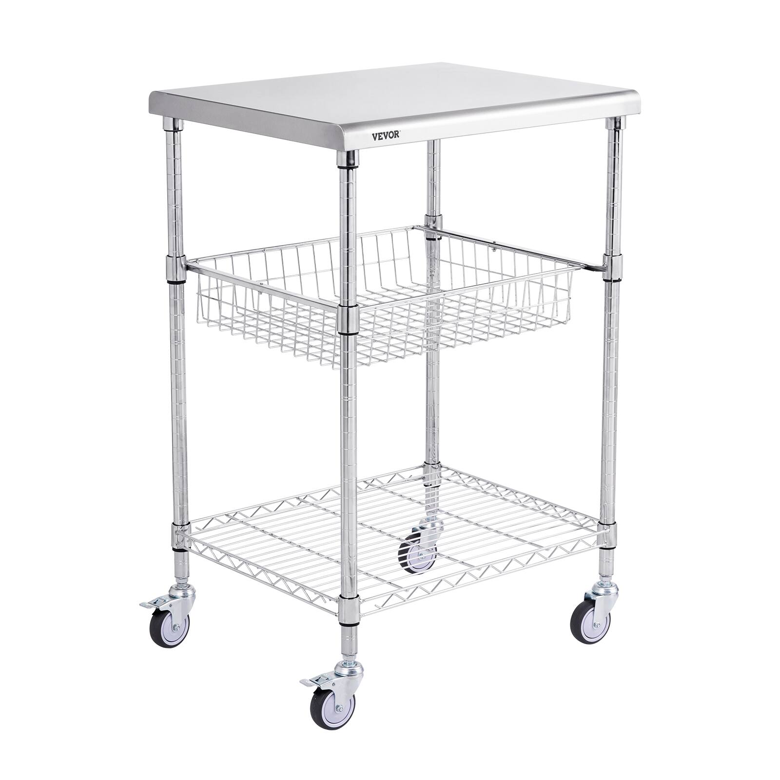 VEVOR - Kitchen Utility Cart, 3 Tiers, Wire Rolling Cart with 470LBS Capacity, Steel Service Cart on Wheels - Silver