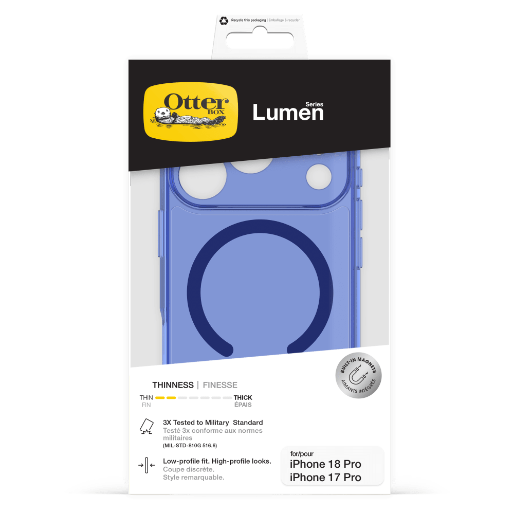 Recycle this packaging  
Emballage recyclable

Otter Series BOX Lumen

THINNESS | FINESSE  
THIN | FIN  
THICK | ÉPAIS

BUILT-IN MAGNETS  
AIMANTS INTÉGRÉS

3X Tested to Military Standard  
Testé 3x conforme aux normes militaires (MIL-STD-810G 516.6)

Low-profile fit. High-profile looks.  
Coupe discrète. Style remarquable.

for/pour iPhone 18 Pro  
iPhone 17 Pro