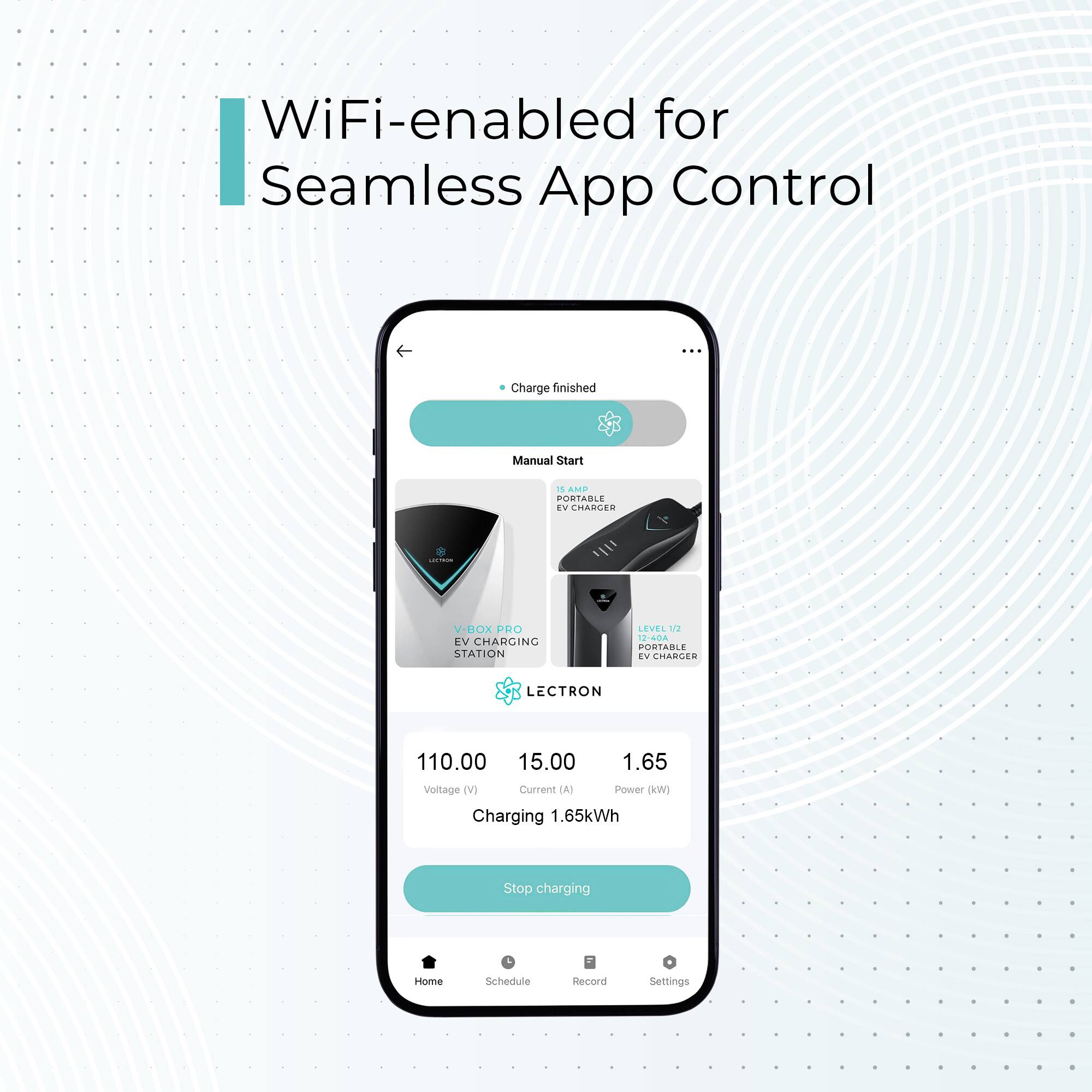 WiFi-enabled for Seamless App Control: Charge finished Manual Start - AN PORTABLE w CHARCAR adans V-HOX PRO TV CHARGING STATION LEVEL V2 12:484 PORTABLE EN EMARGER LECTRON 110.00 15.00 1.65 Voltage e) Current () Power W) Charging 1.65kWh Stop charging Home Schedule Hecord Settings