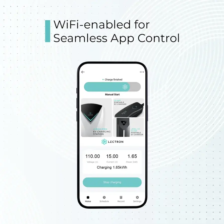 WiFi-enabled for Seamless App Control: Charge finished Manual Start - AN PORTABLE w CHARCAR adans V-HOX PRO TV CHARGING STATION LEVEL V2 12:484 PORTABLE EN EMARGER LECTRON 110.00 15.00 1.65 Voltage e) Current () Power W) Charging 1.65kWh Stop charging Home Schedule Hecord Settings