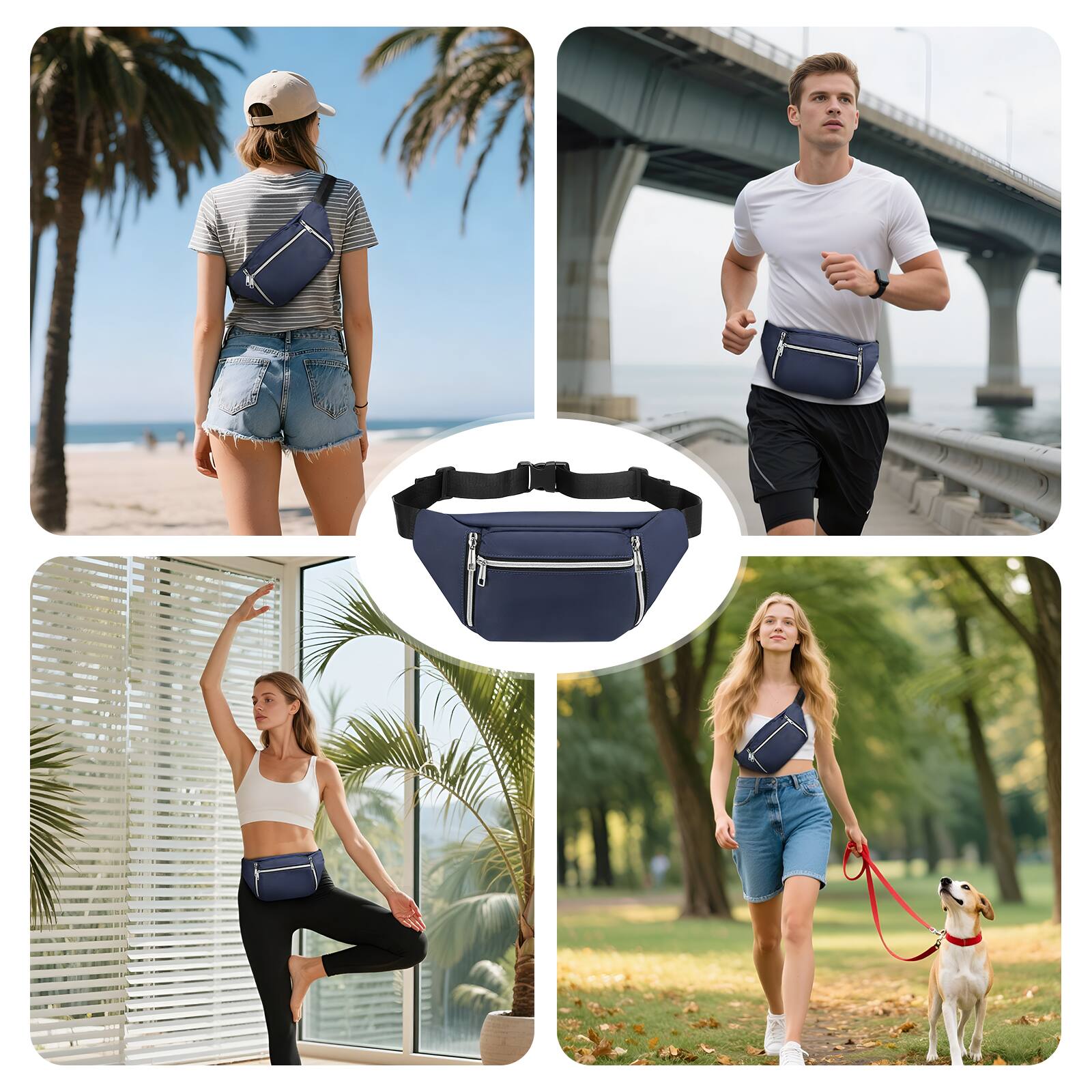 Alt View 5. Unique Bargains - Crossbody Fanny Pack with 5-Zipper Pockets Waterproof Nylon Anti Theft Waist Bag for Women Men for Sports Traveling - Blue.