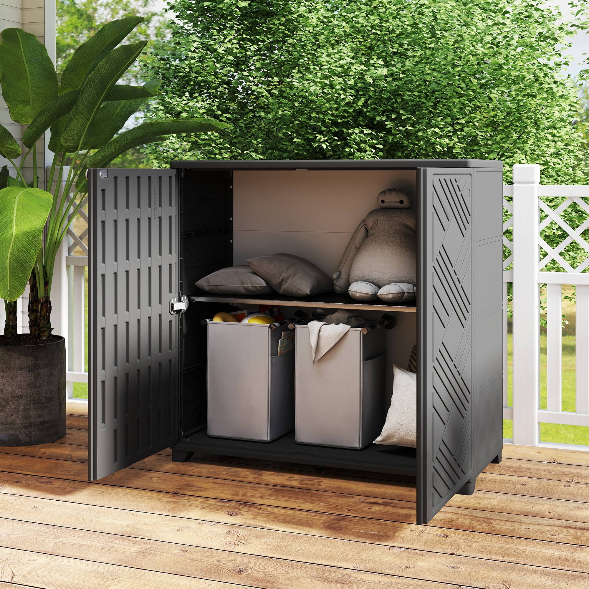 Left. Decksplore - Outdoor Storage Shed with 3 Shelves, All-Weather Resin Cabinet for Patio, Garden, and Backyard - Black.