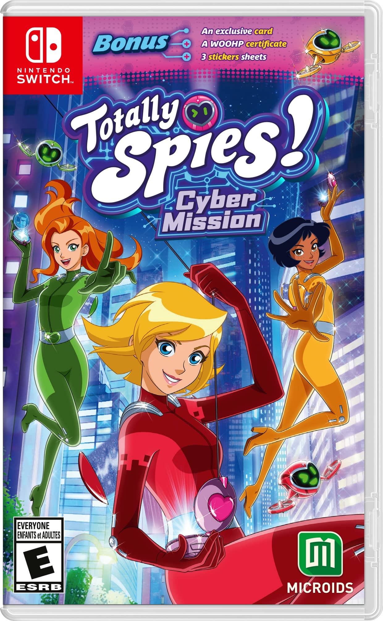 An exclusive card Bonus + A WOOHP certificate + 3 stickers sheets NINTENDO SWITCH. Totally Spies! Cyber Mission EVERYONE ENFANTS et ADULTES E ESRB M MICROIDS