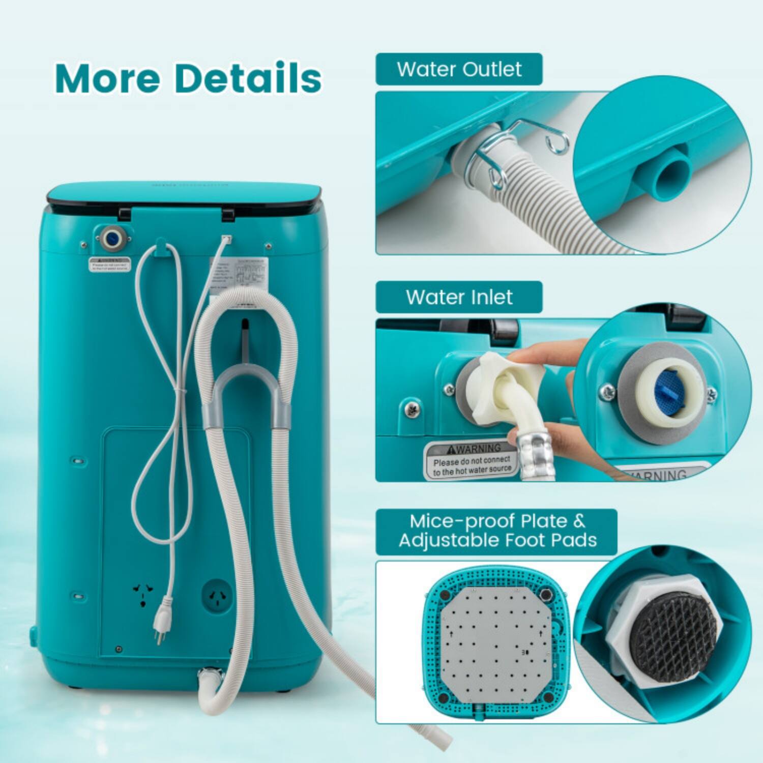 More Details

- Water Outlet
- Water Inlet
- Mice-proof Plate & Adjustable Foot Pads

AWARNING: Please do not connect the hot water source.