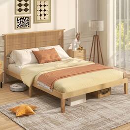 Gymax - Queen Size Bed Frame w/ Rattan Headboard 10 Solid Wood Legs & 12 Wooden Slats - Natural