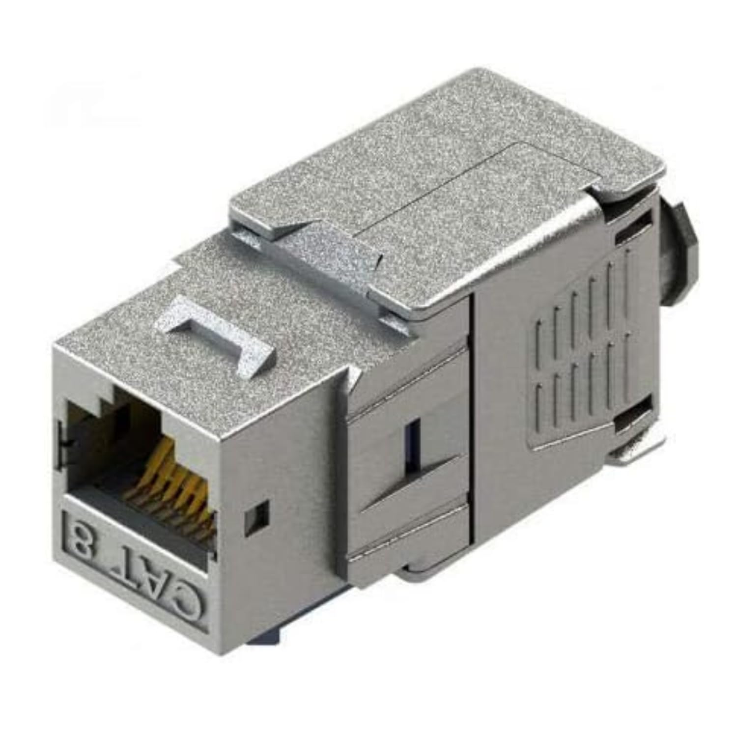 Angle. Cables Direct Online - Cat8 RJ45 Keystone Jack Tool-Free, FTP Shielded, 40Gbps, 180° Hinged Design, Gold-Plated Contacts - Silver.