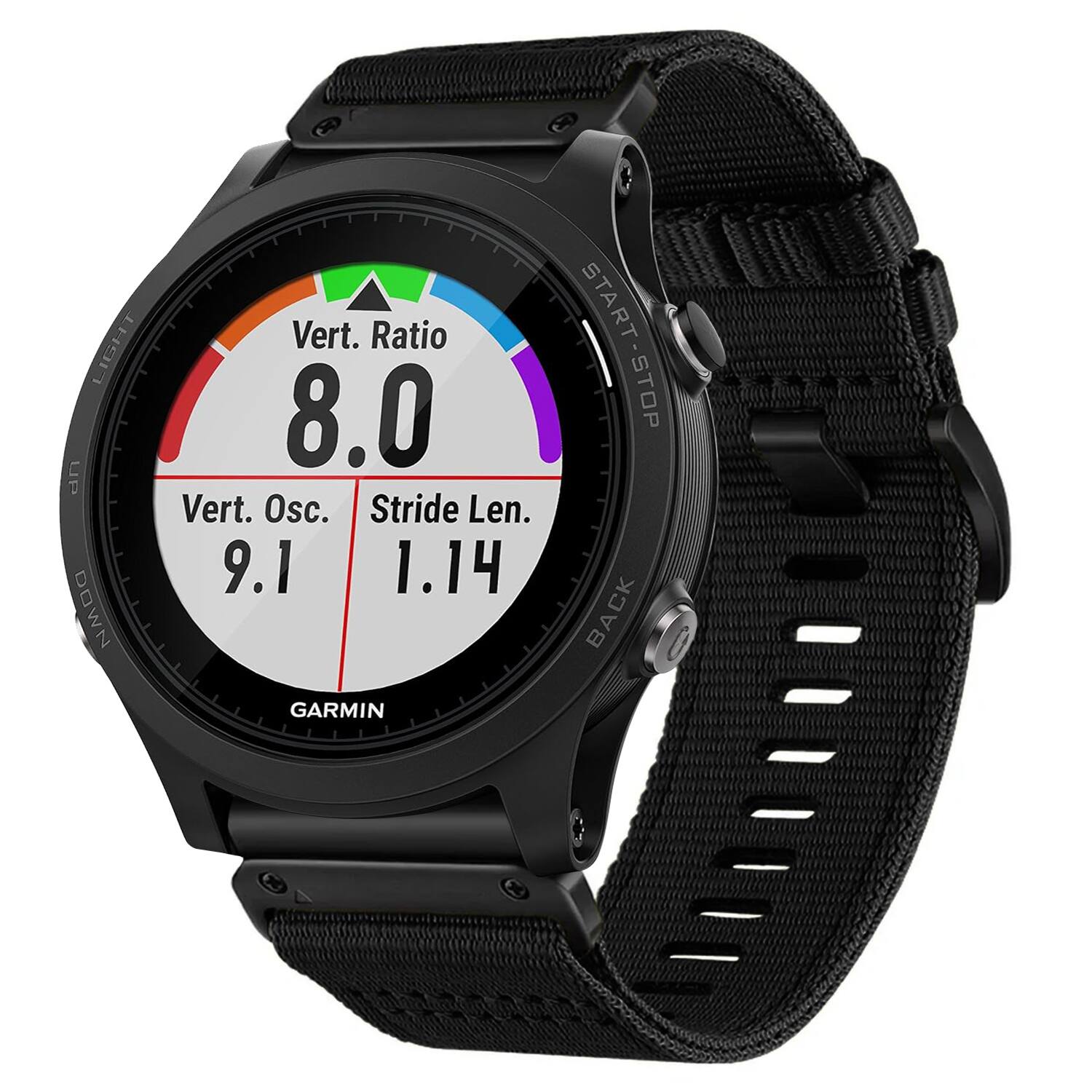 LIGHT UP DOWN  
Vert. Ratio 8.0  
Vert. Osc. 9.1  
Stride Len. 1.14  
START-STOP  
BACK  
GARMIN